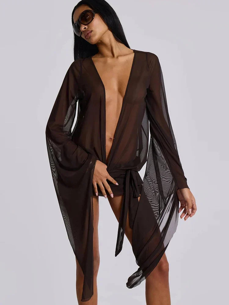 Mesh Irregular Bandage Low Neck Mini Dress