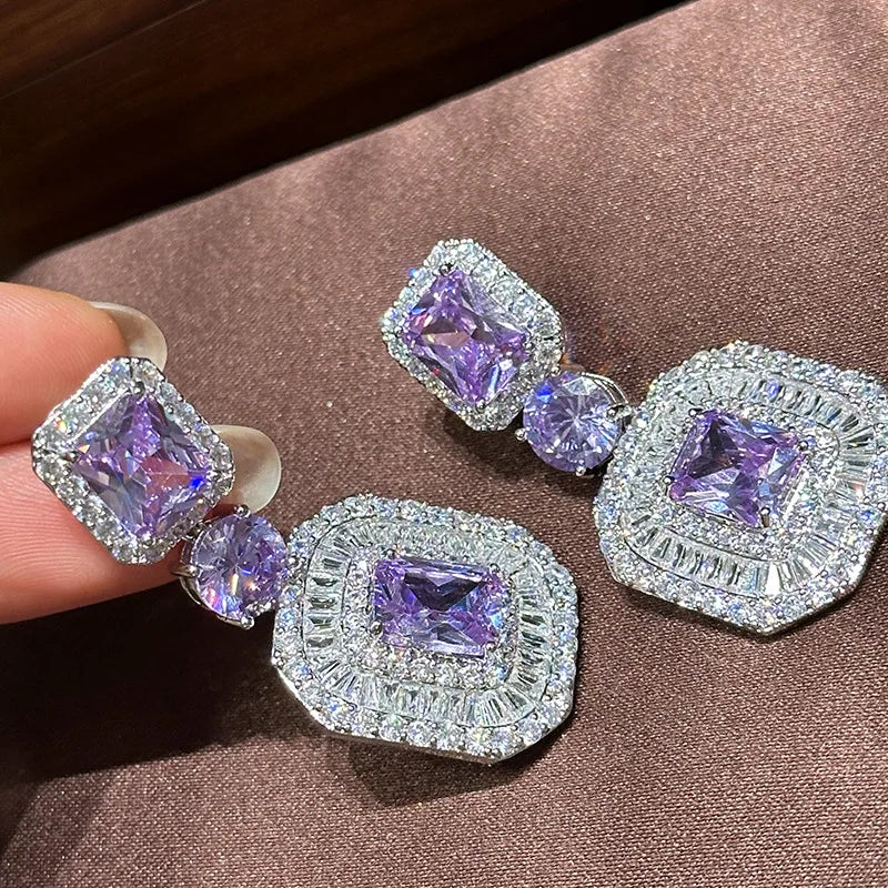High Quality Purple AAA Zircon Bridal Earrings Cubic Zirconia Wedding Earring Bride Accessories Party Dinner Jewelry - View 2 | FashionDia