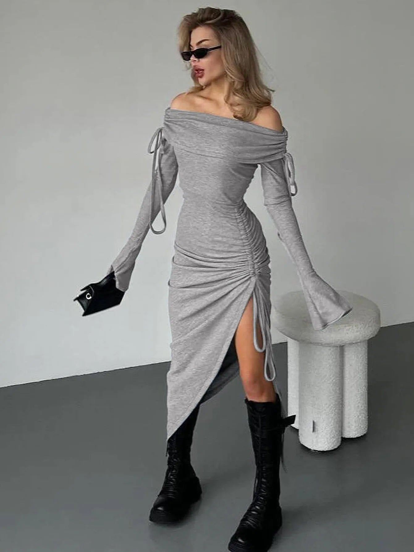 Off Shoulder Flare Sleeve Midi Dress