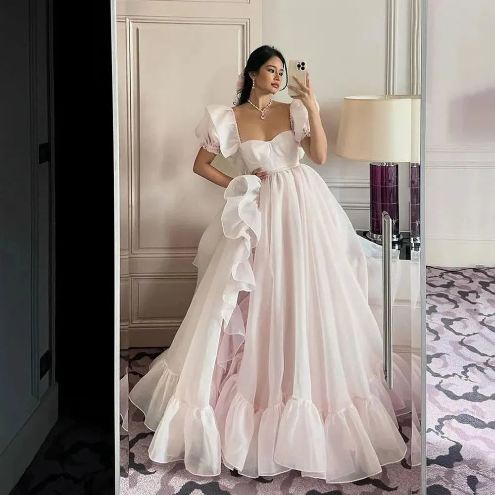 Princess Prom Dresses Cap Sleeves Organza Long Prom Gowns Cap Sleeves Ruched Special Occasion Dress A-Line Party Dress Pink