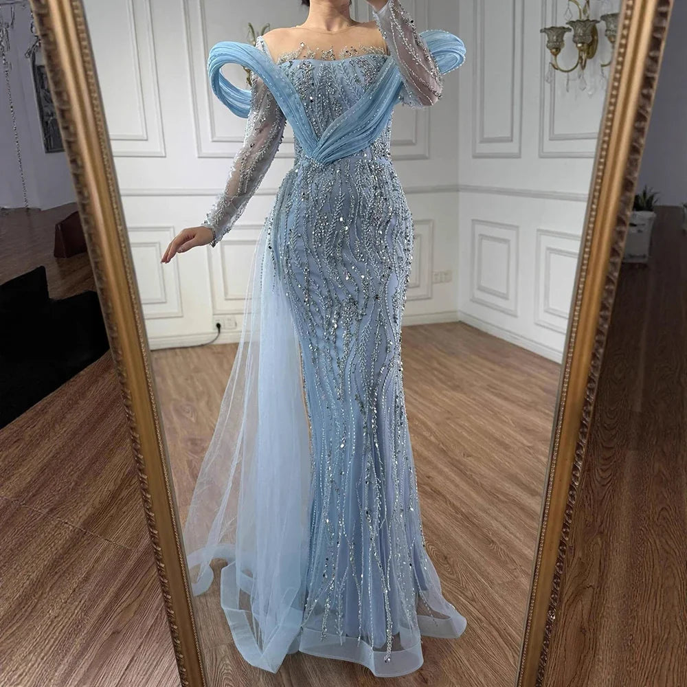 Zapdress Pink Long Sleeves Mermaid Beaded Evening Dresses Elegant Wedding Party Gowns for Women Customized (ZD17195)