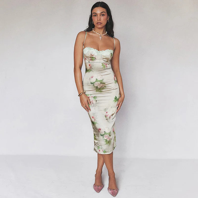 Lace Silk Strap Backless Floral Dress - View 3 | VelvetHem