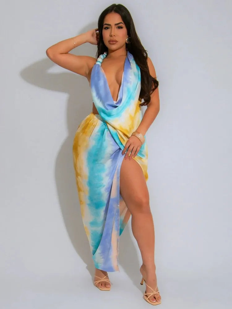 Tie Dye Halter Deep V-Neck Backless Midi Dress - View 4 | VelvetHem