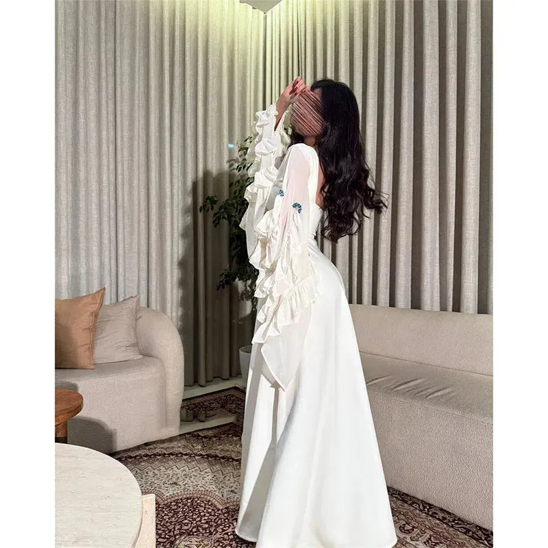 Elegant Arabia A-Line White Prom Dress Chiffon Long Cape Sleeves Ruffles Floor Length Evening Dress vestido de gala