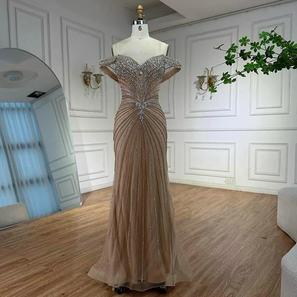 Zapdress 2026 Nude Luxury Beaded Mermaid Off Shoulder Evening Dress Formal Party Gowns for Women Customized (ZD17260)