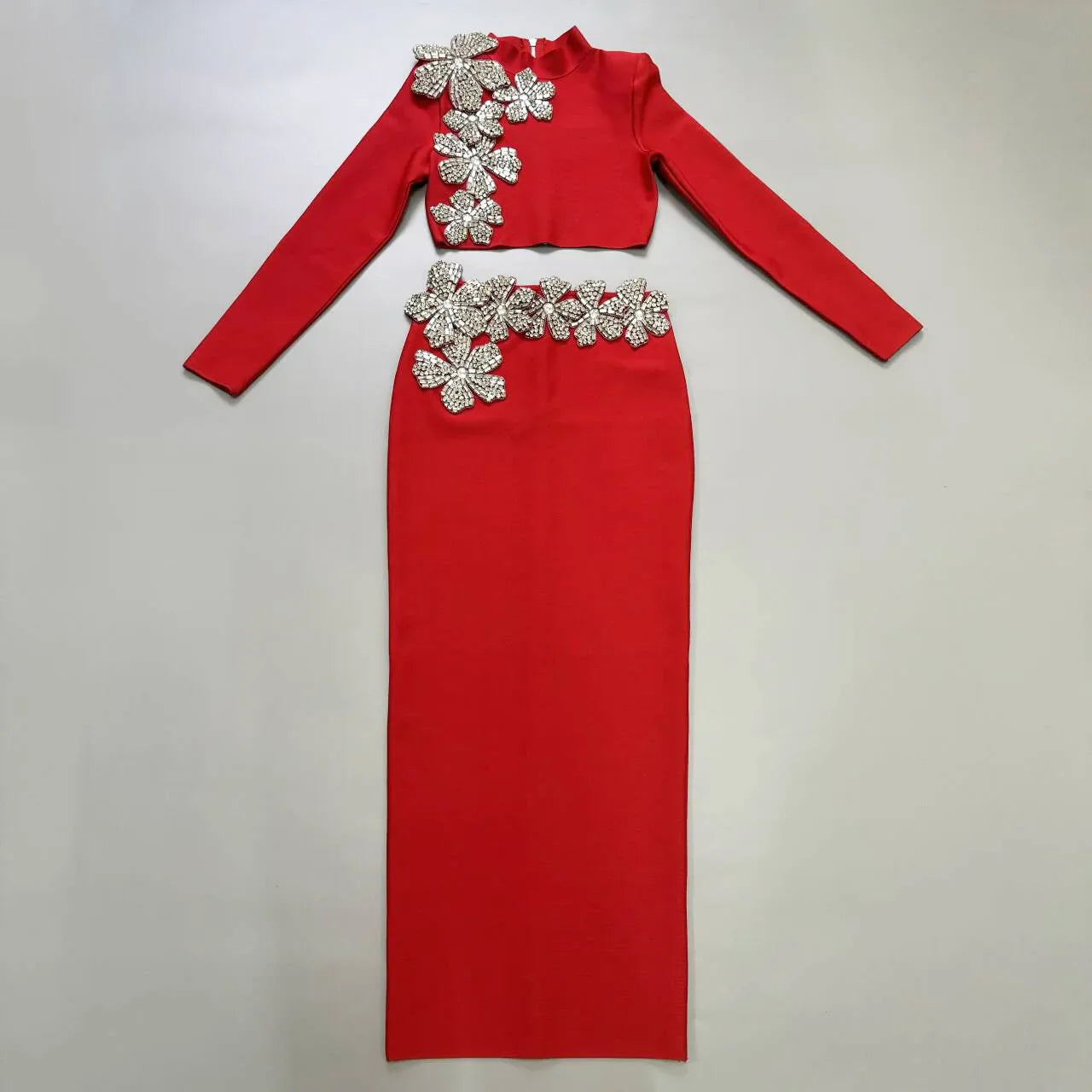Black Red Women Long Sleeve Diamond Florals 2 Pieces Bodycon Long Bandage Dress Celebrate Evening Party Christmas Dress Red