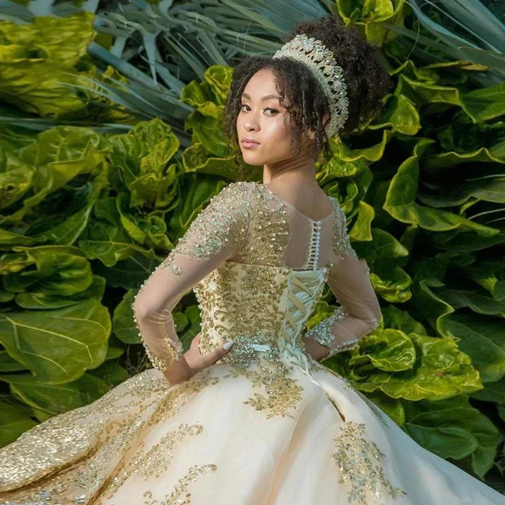 Customized Gold Appliques Quinceanera Dresses Vestidos De 15 Anos Ball Gown Formal Birthday Party Prom Gown Corset