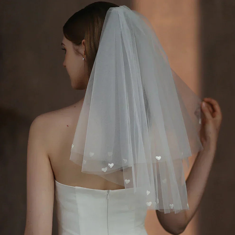 Short Heart Bridal Veil White Lace Wedding Veils For Evening Dinner Party Dress Women Gift Hair Accessories Brides Jewelry - FashionDia
