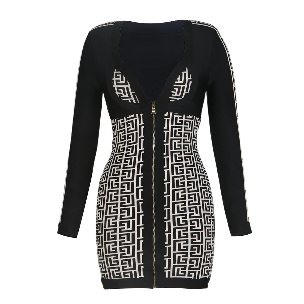 Black Color Women Long Sleeve Sexy Front Zipper Bodycon Mini Dress Rayon Bandage Fashion Runway Show Evening Dress