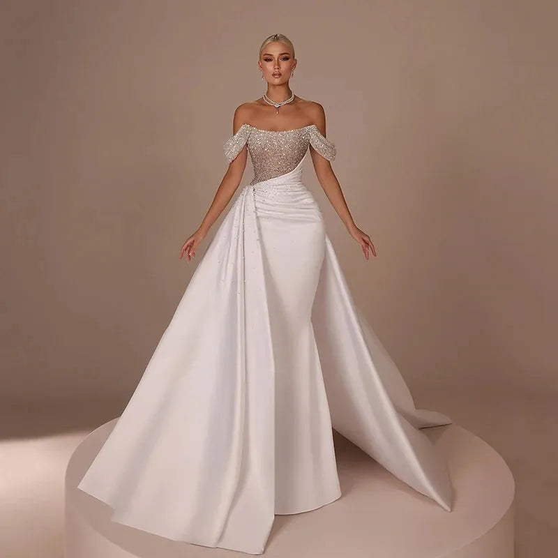 Elegant Mermaid Wedding Dresses Off The Shoulder Beadings Bridal Dress Boho Beach Wedding Prom Ball Gowns Customized White