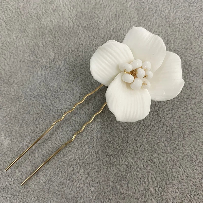 Porcelain Flower Hairpins White Floral Hair Pins Clips For Brides Bridesmaids Head Pieces Wedding Accessories Bridal Jewelry - View 3 | FashionDia