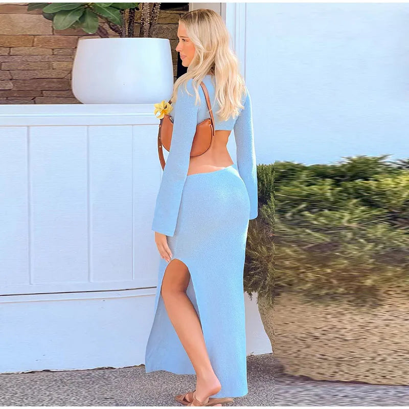 Knitted Hollow Out Solid O - neck Slit Maxi Dress