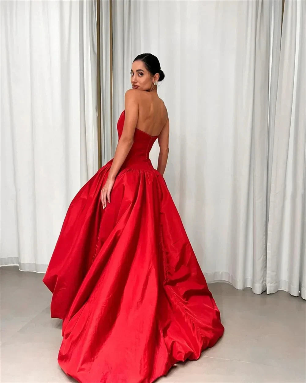 Pleated Red Satin Strapless Party Dress - VelvetHem