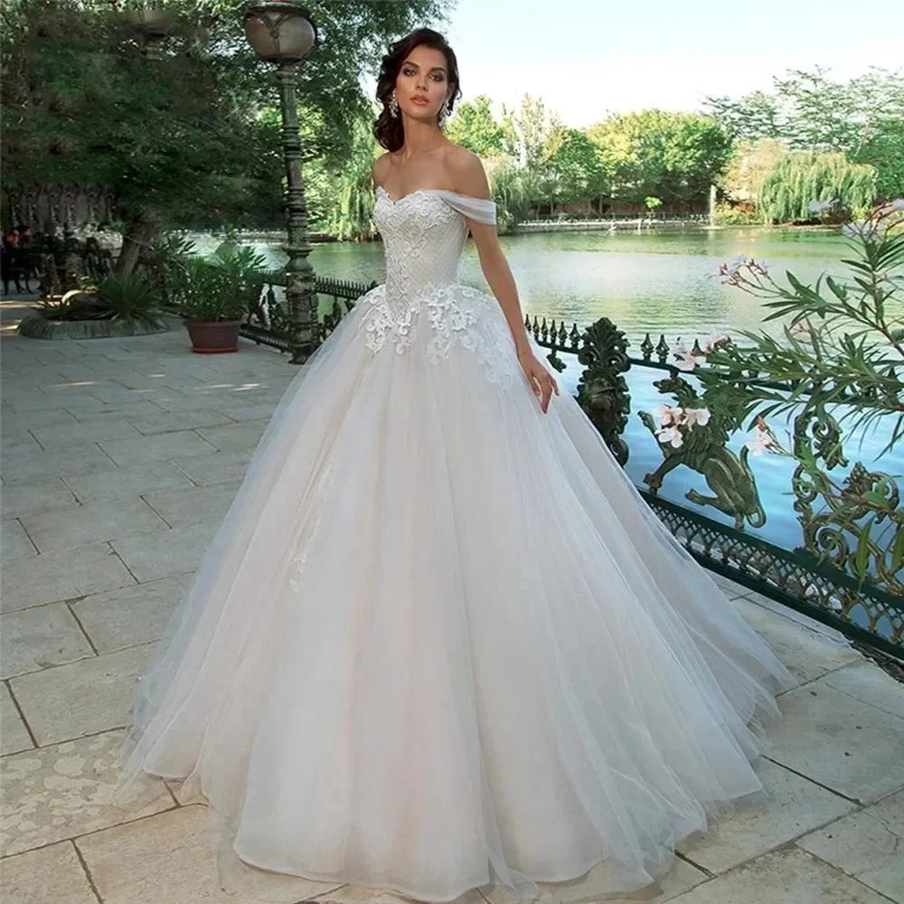 Exquisite Wedding Dress For Women Off The Shoulder A-line Vestidos De Novia Lace Up Appliques Vestido De Novia (ZD14078)