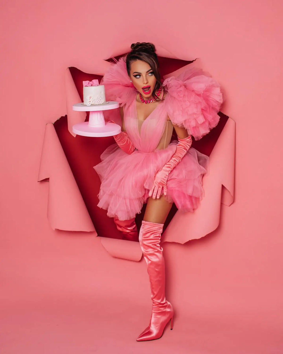 Pink Tulle Ruffled A-Line Party Dress - View 4 | VelvetHem