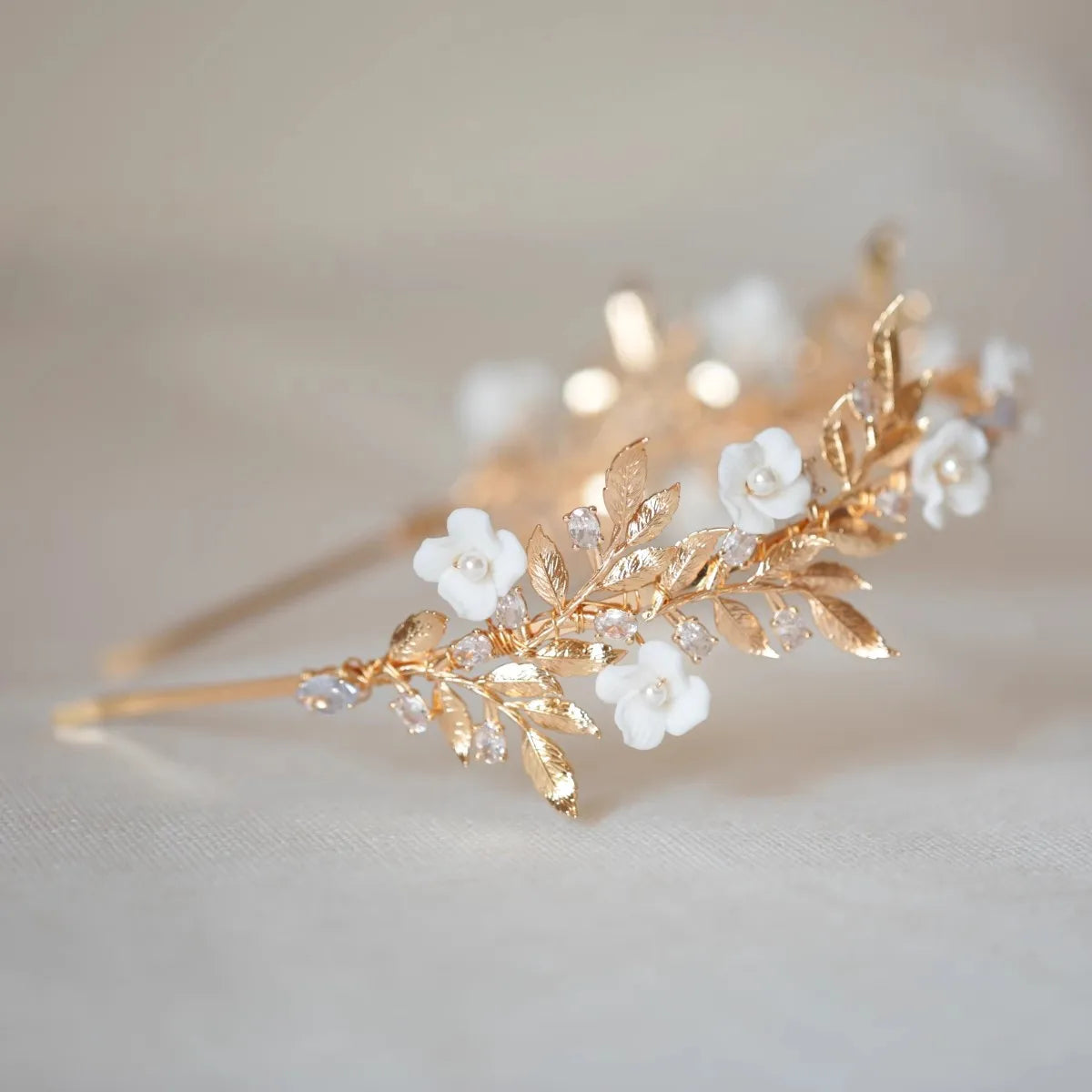 Bridal Hair Jewelry Porcelain Flower Headband Tiara Gold Color Leaf Headpiece For Brides Rhinestones Crown Wedding Accessories - View 5 | FashionDia
