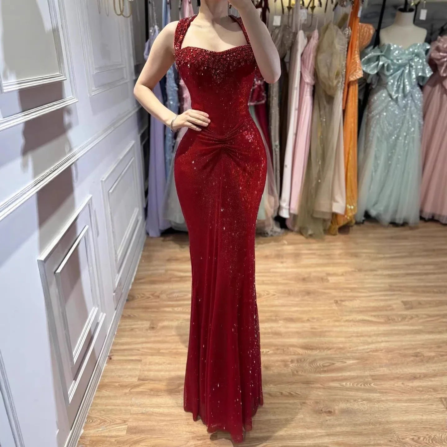 Zapdress Rose Gold Mermaid Beaded Evening Dress Elegant Sparkly Wedding Party Gown with Ruched Waist DLA73410B Customized (ZD17276) - View 6 | VelvetHem