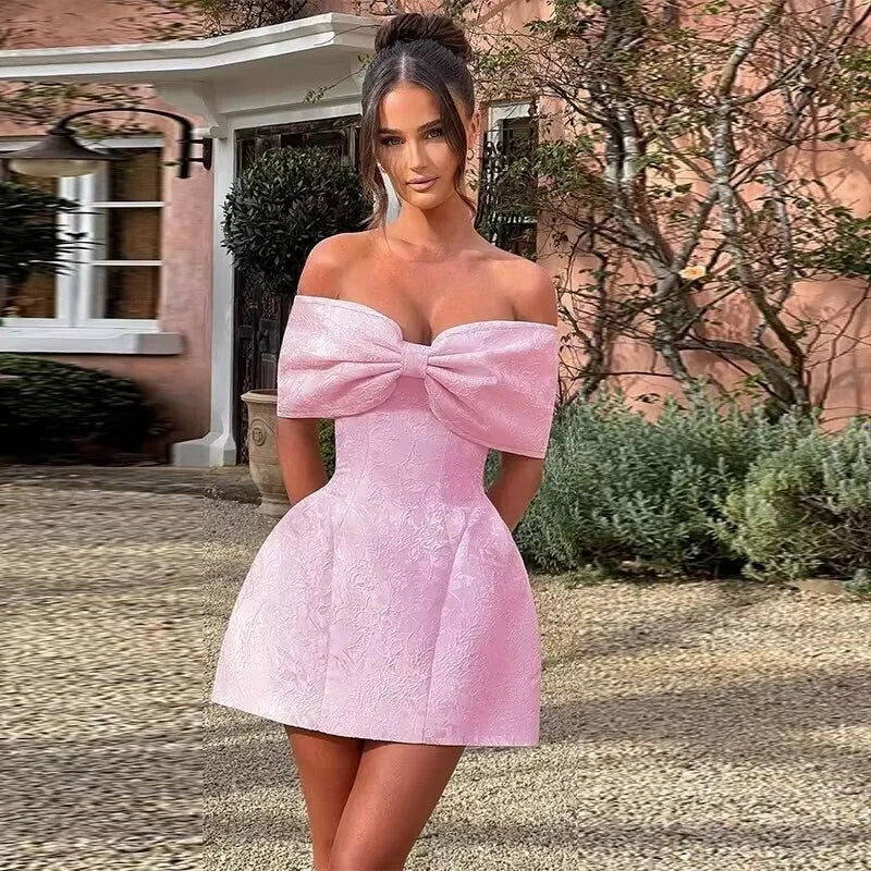 Bow Backless Jacquard A Line Mini Dress - View 3 | VelvetHem