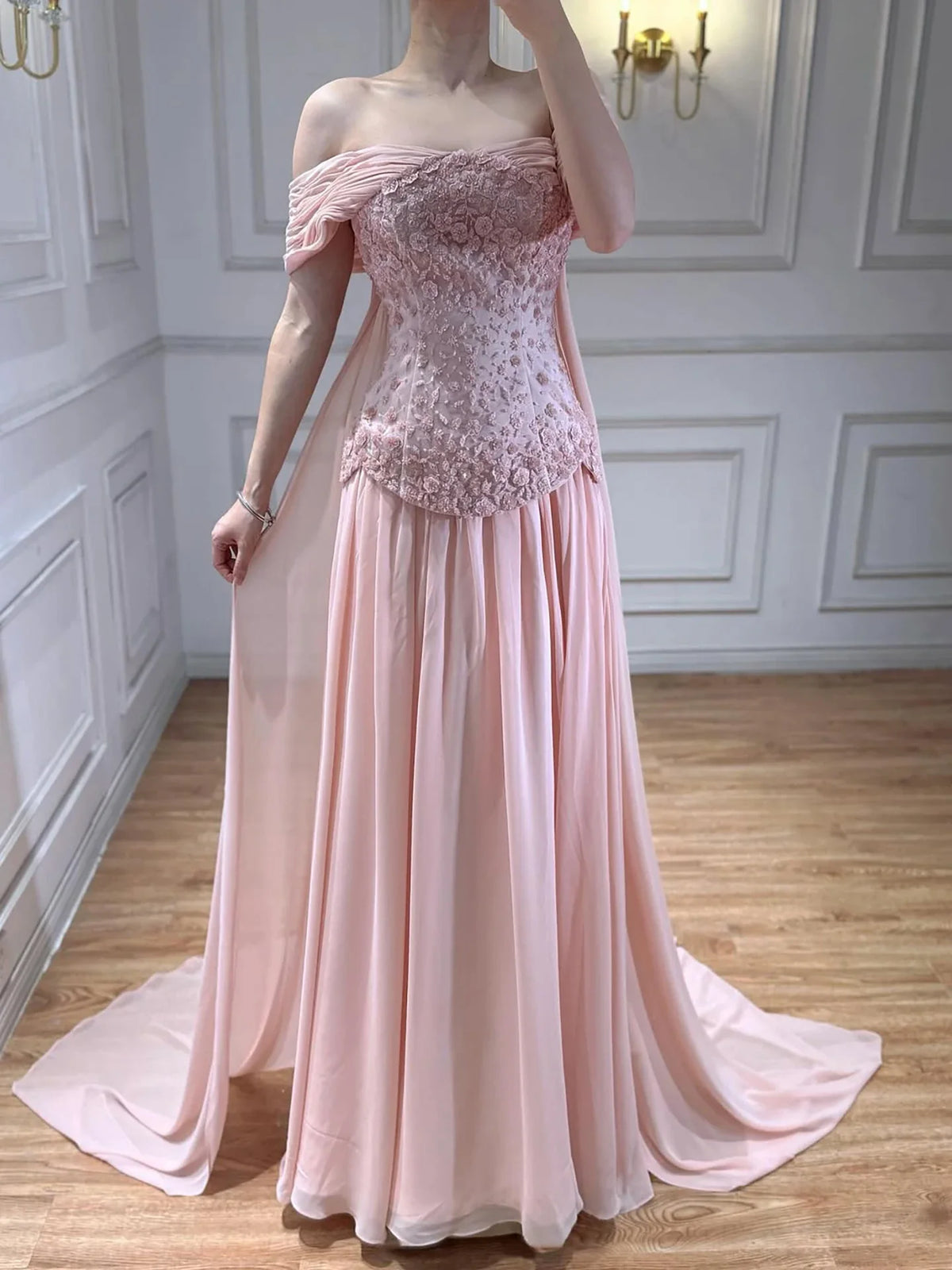 Zapdress Pink Chiffon Evening Dress 2026 Elegant Off-Shoulder Formal Party Gowns with Cape at the Back Customized (ZD17254)