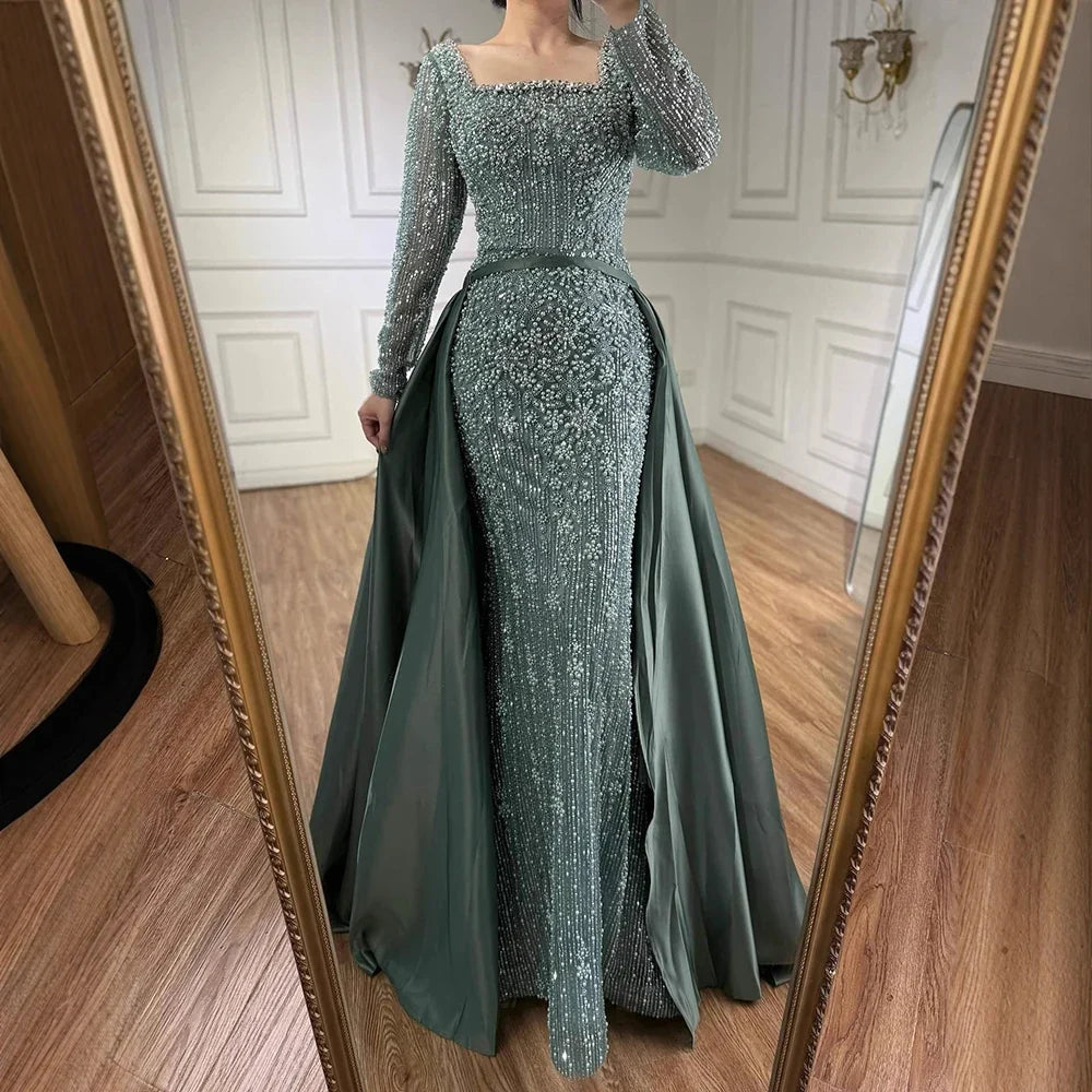 Zapdress Turquoise Square Collar Mermaid Beaded Evening Dress Overskirt Party Gowns with Long Sleeves Customized DLA72533A (ZD17193)