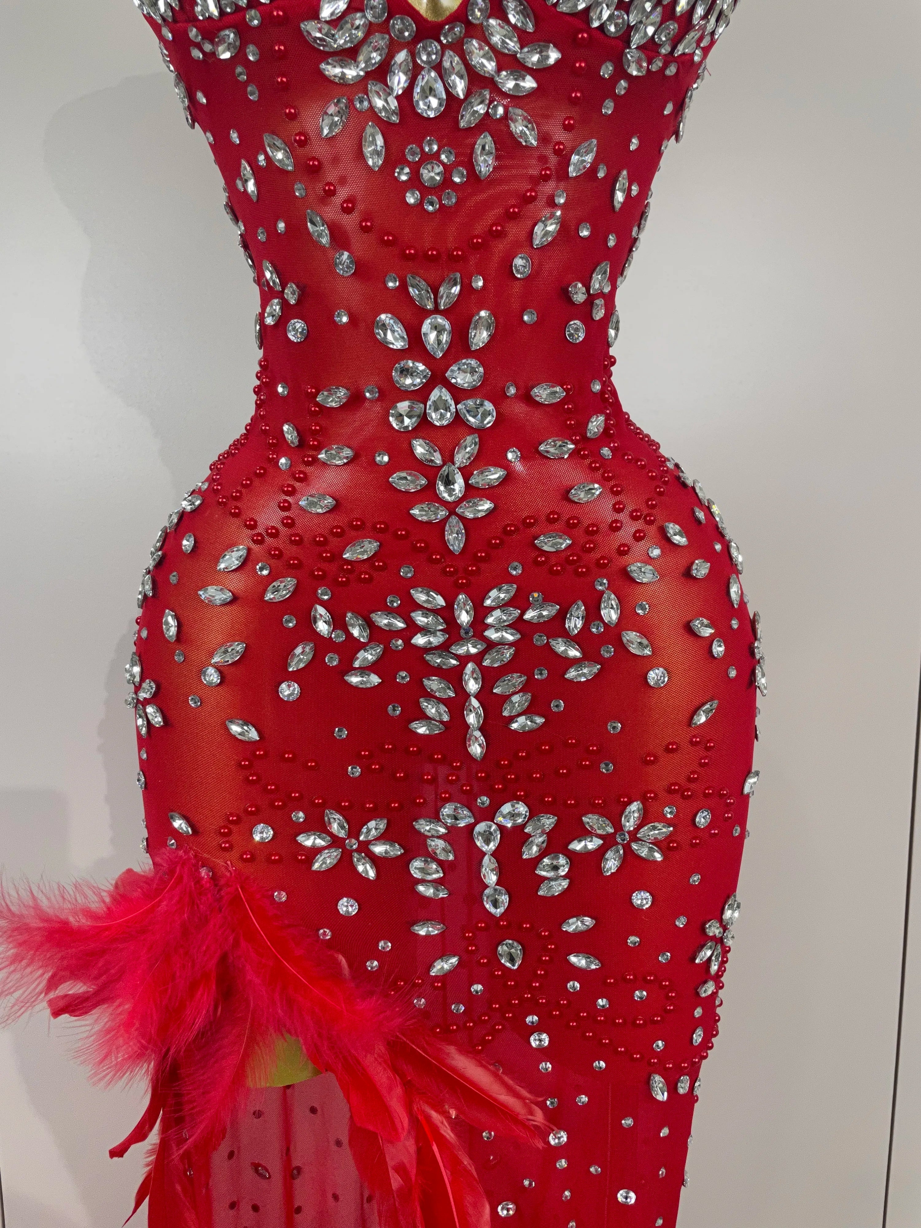 Exquisite Feather Red Evening Dress Women Sparkle Rhinestones Sexy High Slit Birthday Celebrate Stage Photoshoot Costume