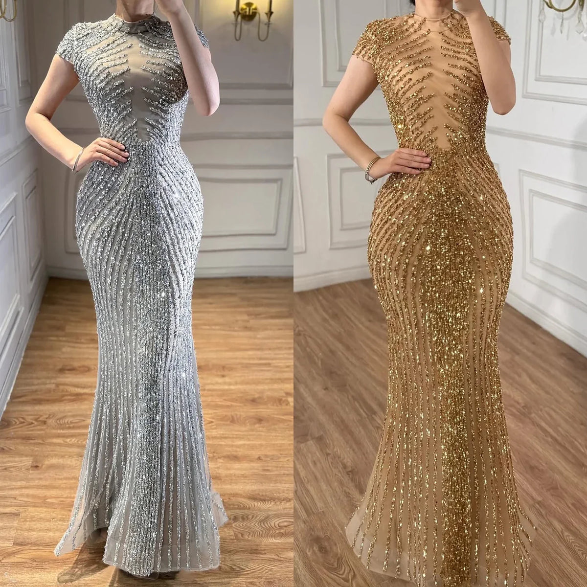 Zapdress Silver 2026 High Neck Cap Sleeve Mermaid Evening Dress Luxury Beaded Party Gowns Vestidos Customized (ZD17211)