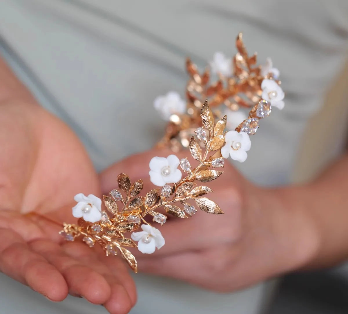 Bridal Hair Jewelry Porcelain Flower Headband Tiara Gold Color Leaf Headpiece For Brides Rhinestones Crown Wedding Accessories - FashionDia