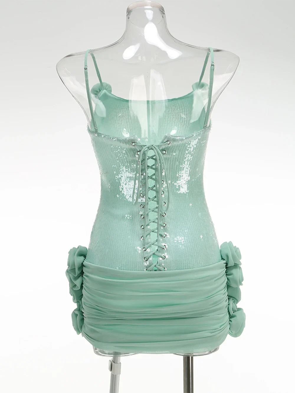 Stereoscopic Flowers Sequin Patchwork Sling Short Evening Dress Sweet Woman Birthday Party Dress Performance Costume