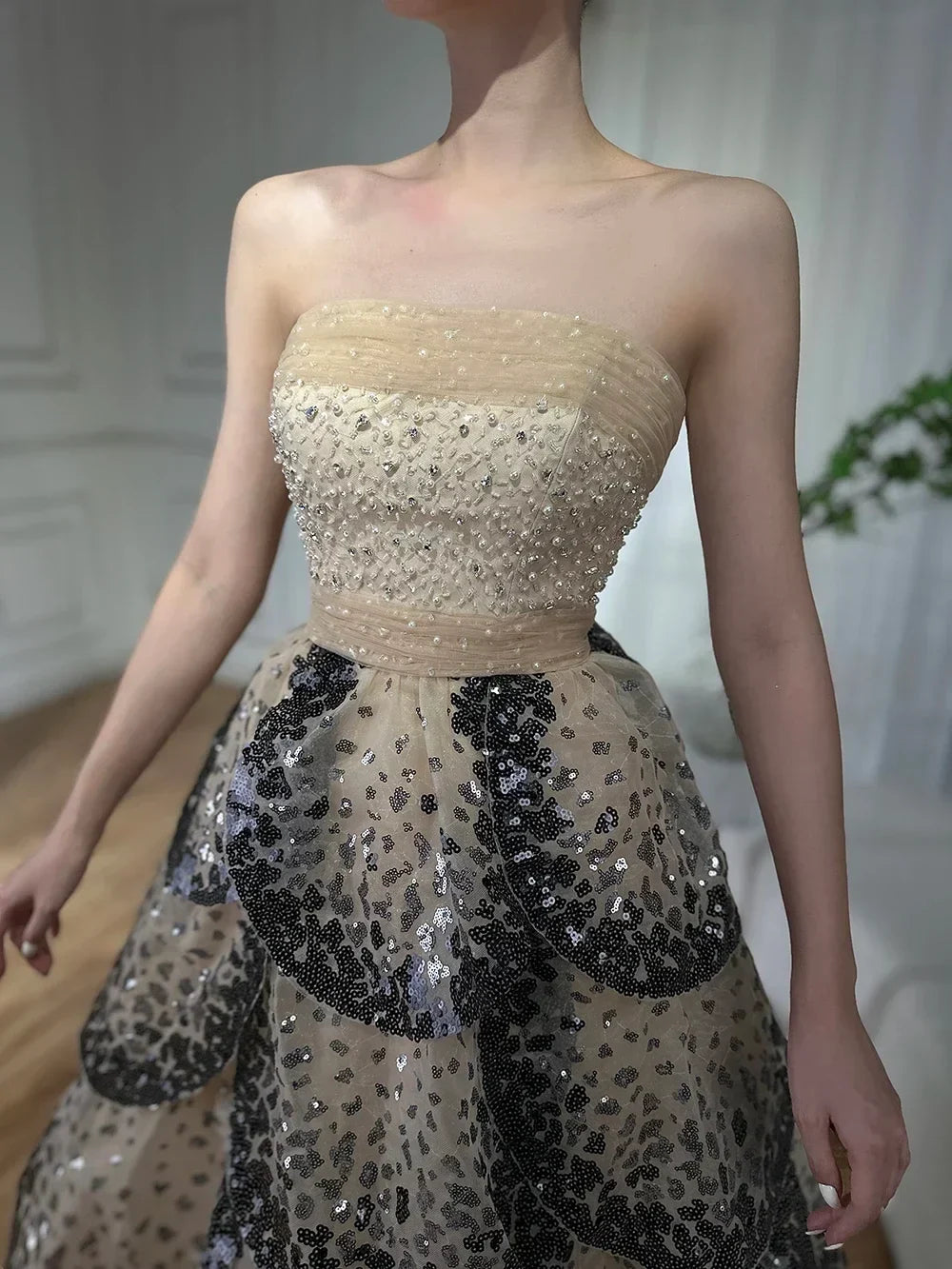 Zapdress Customized 2025 Black Nude Strapless Evening Prom Dresses Sequined Tiered A-line Party Gowns for Women DLA72505A (ZD17188) - View 5 | VelvetHem