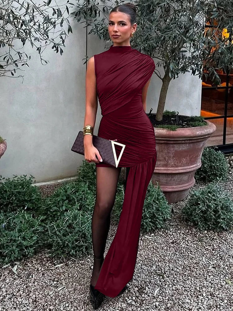 Draped Ruched Turtleneck Pleated Mini Dress - View 8 | VelvetHem