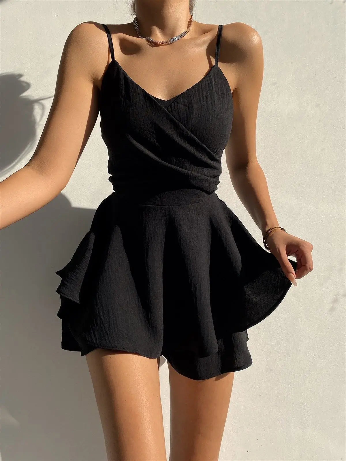 Slim Suspender Solid Ruffles Threaded Slip Dress - View 2 | VelvetHem