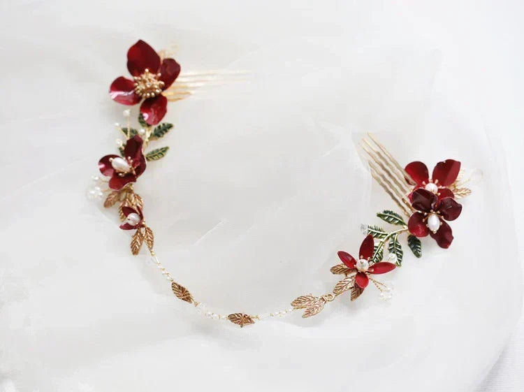 Red Flower Headpieces Headbands Leaf Headdress For Brides Party Dinner Dress Hairbands Wedding Accessories Bridal Hair Jewelry a