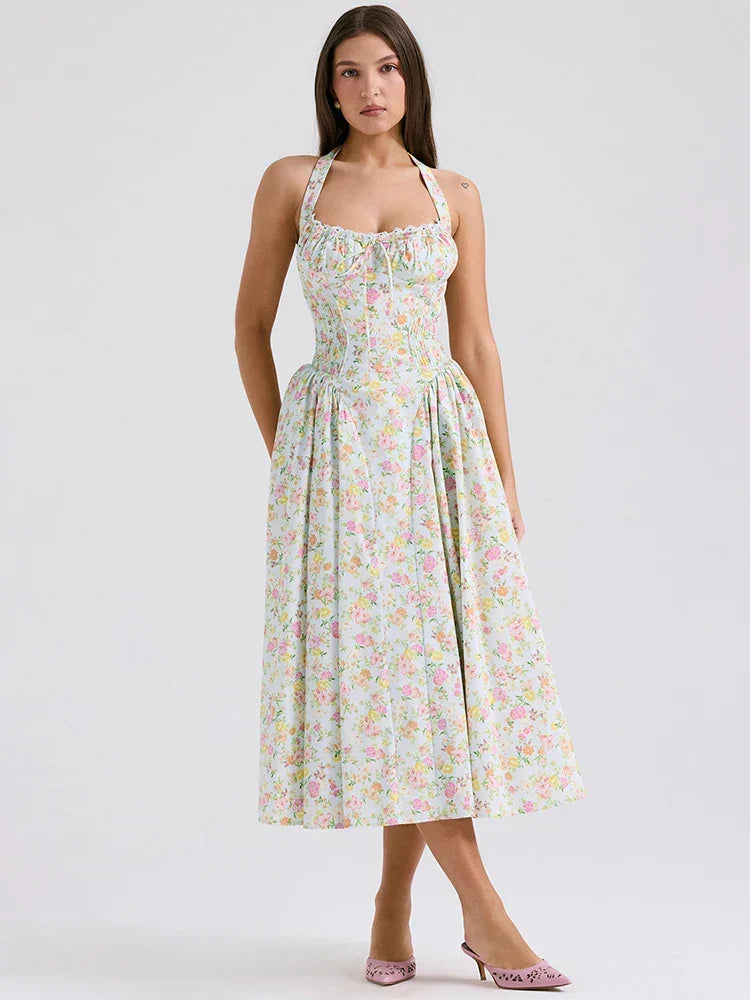 Print Wrap A-line Halter Midi Summer Dress - View 5 | VelvetHem