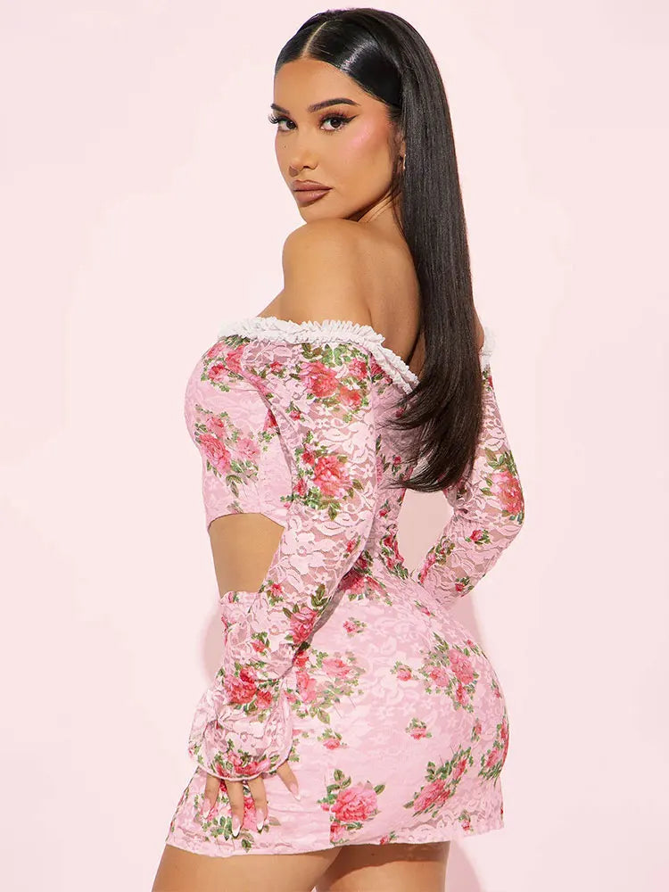 Long Sleeve Backless Hollow Floral Dress - VelvetHem