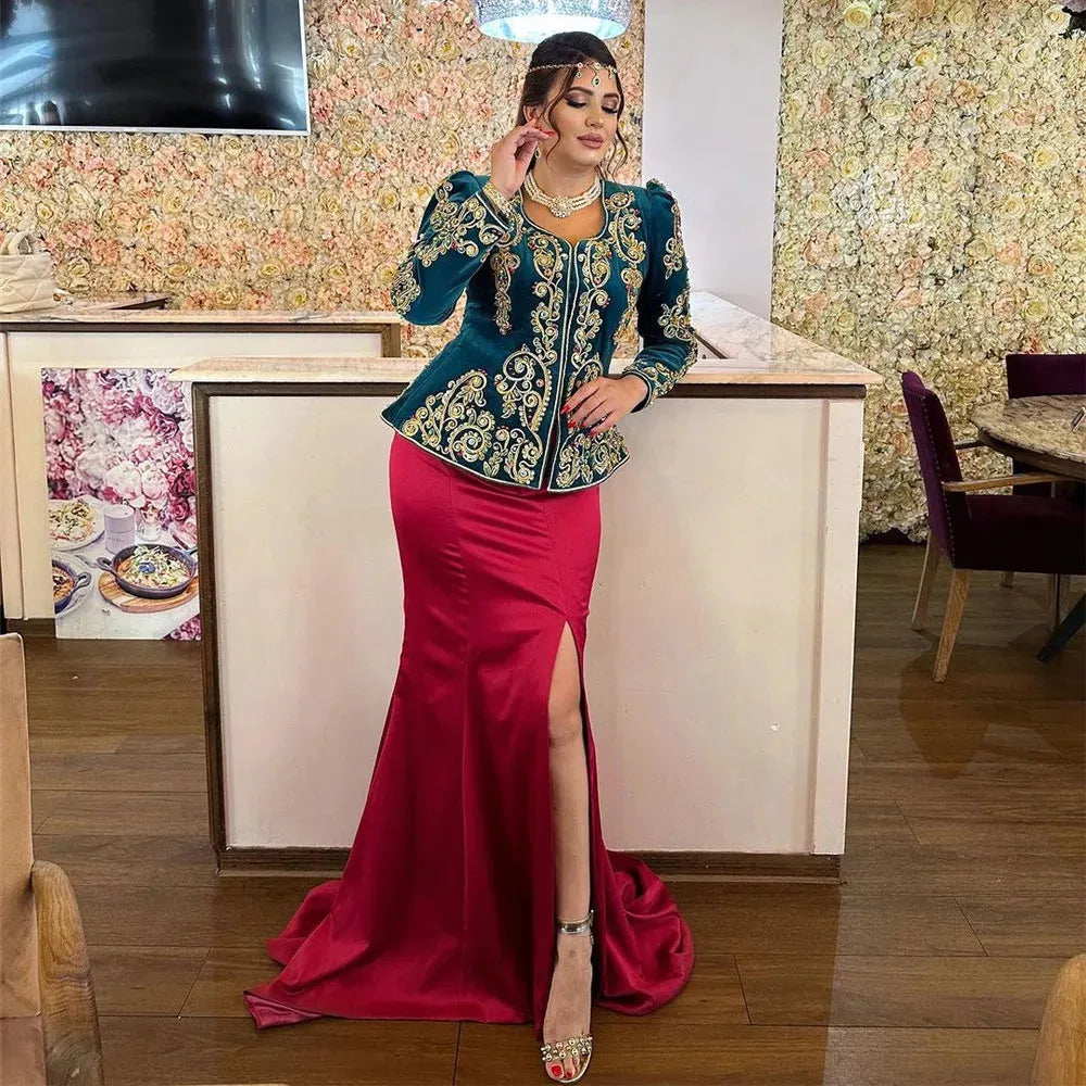 Arabic Mermaid Velvet Evening Dress Square Collar Lace Applique Prom Gown Side Slit Floor Length Algerian Outfit As Picture