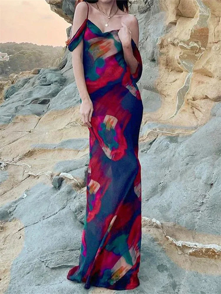 Print Mesh Pleated Off Shoulder Maxi Dress - View 4 | VelvetHem