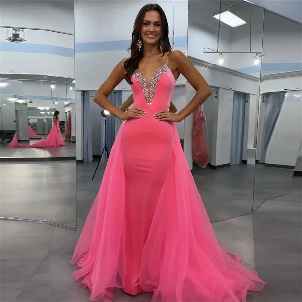 Hearty Pink Prom Dress Mermaid V-Neck Spaghetti Strap Sequineds Ruched Floor Length Evening Dress robes de soirée Pink