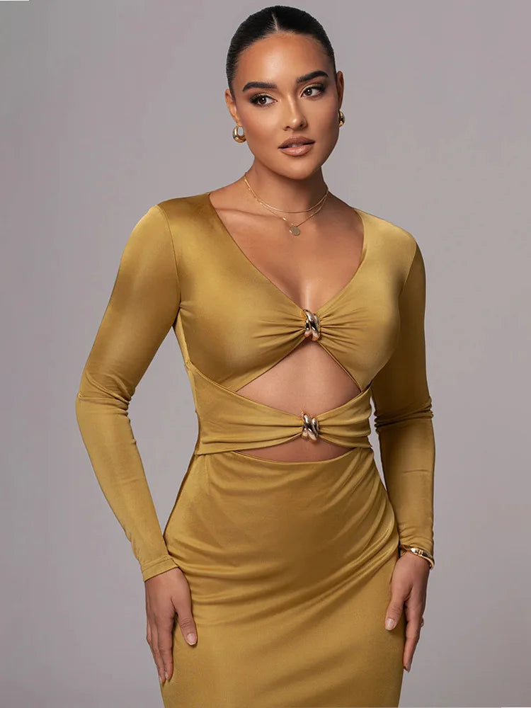 Hollow Long Sleeve Bodycon Midi Dress - View 6 | VelvetHem