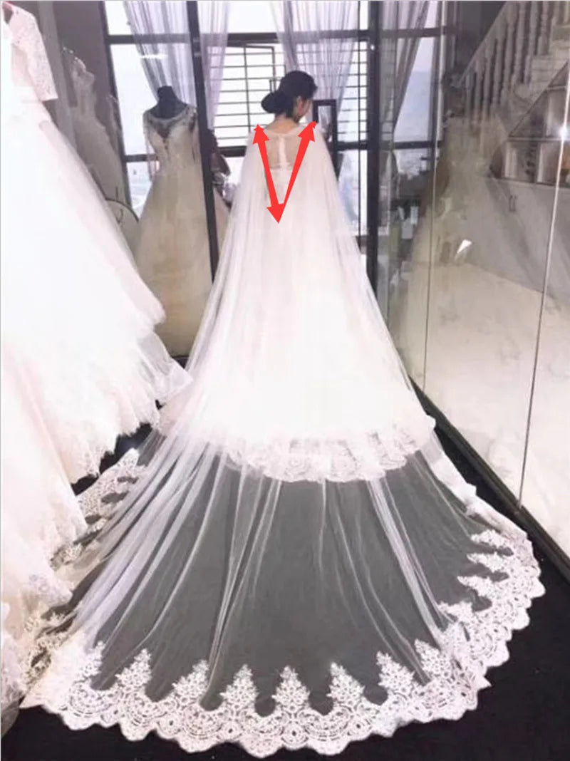 One Layer Lace Bridal Cape Cathedral Shoulder Veil Wedding Cloak " V" Split in White, Off-White ,Ivory