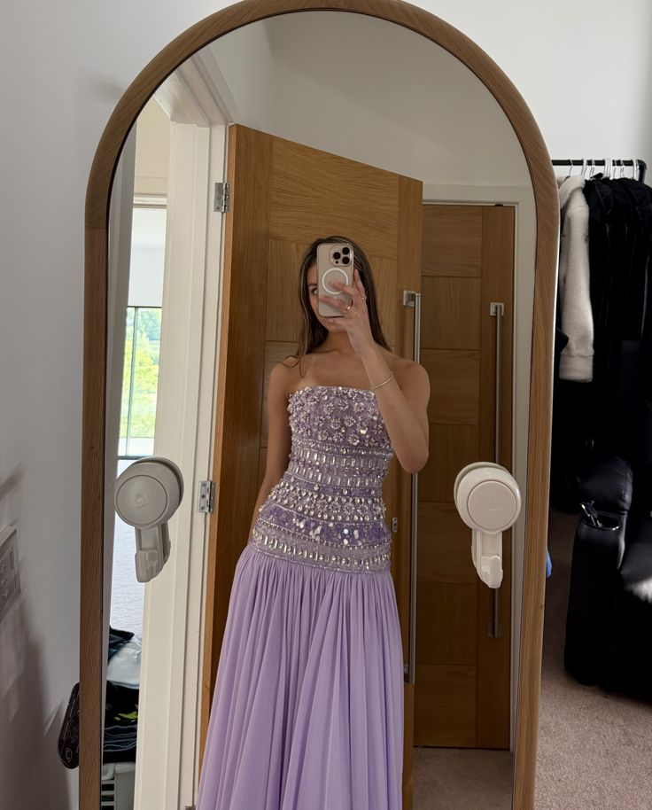 Classy Strapless Lilac Chiffon Beaded Mermaid Long Party Dress Formal Wedding Guest Dress - View 3 | FashionDia