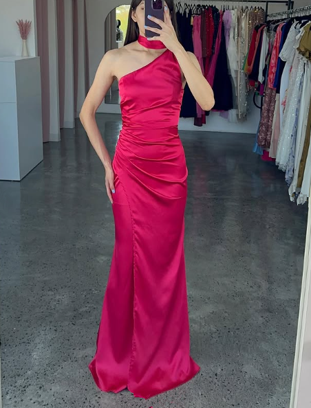 Gorgeous Hot Pink One Shoulder Satin Long Prom Dress,Mermaid Party Evening Dress