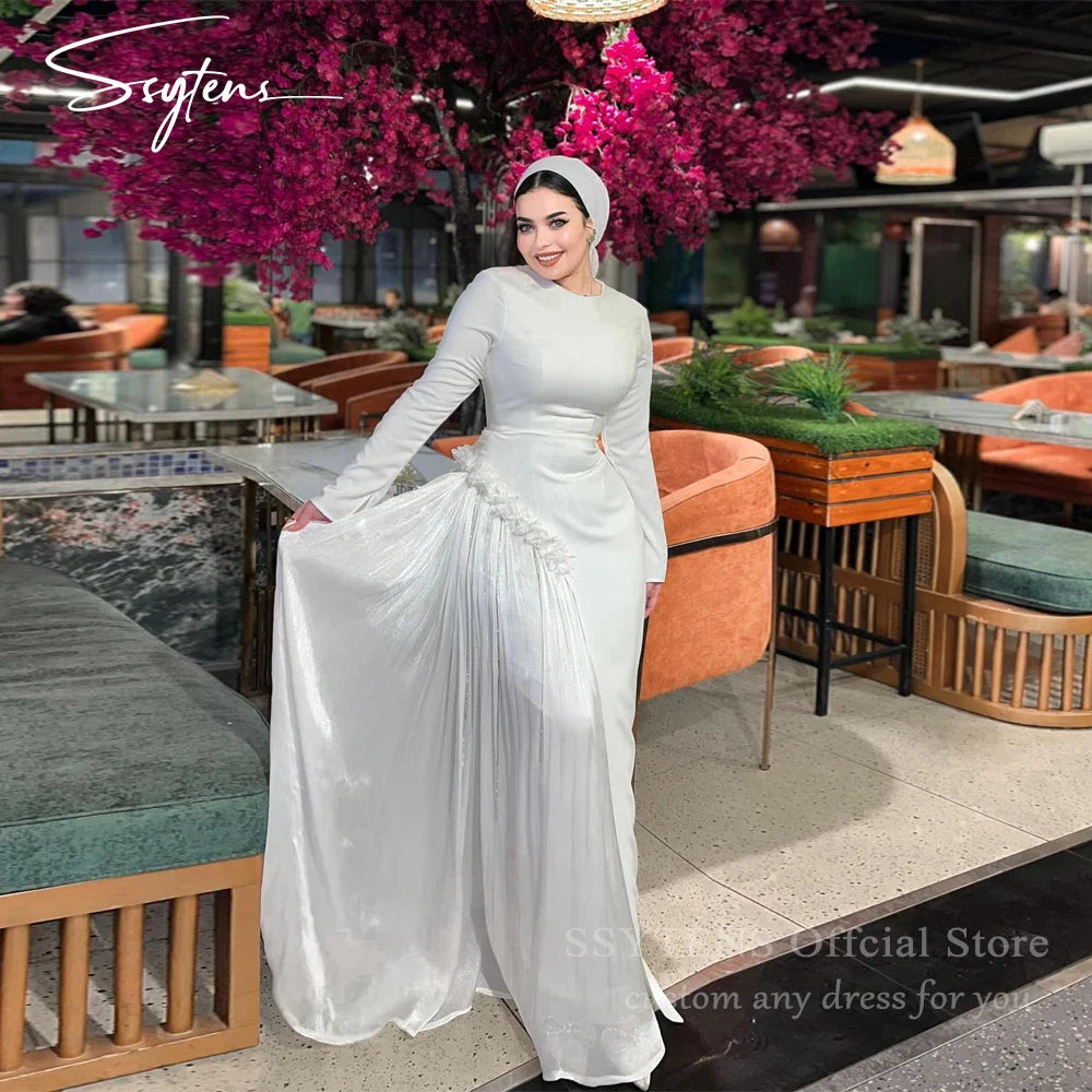 Elegant White Long Wedding Evening Dresses Muslim Long Sleeves Dubai Guest Party Dresses Customized Saudi Bridal Prom Gowns WHITE