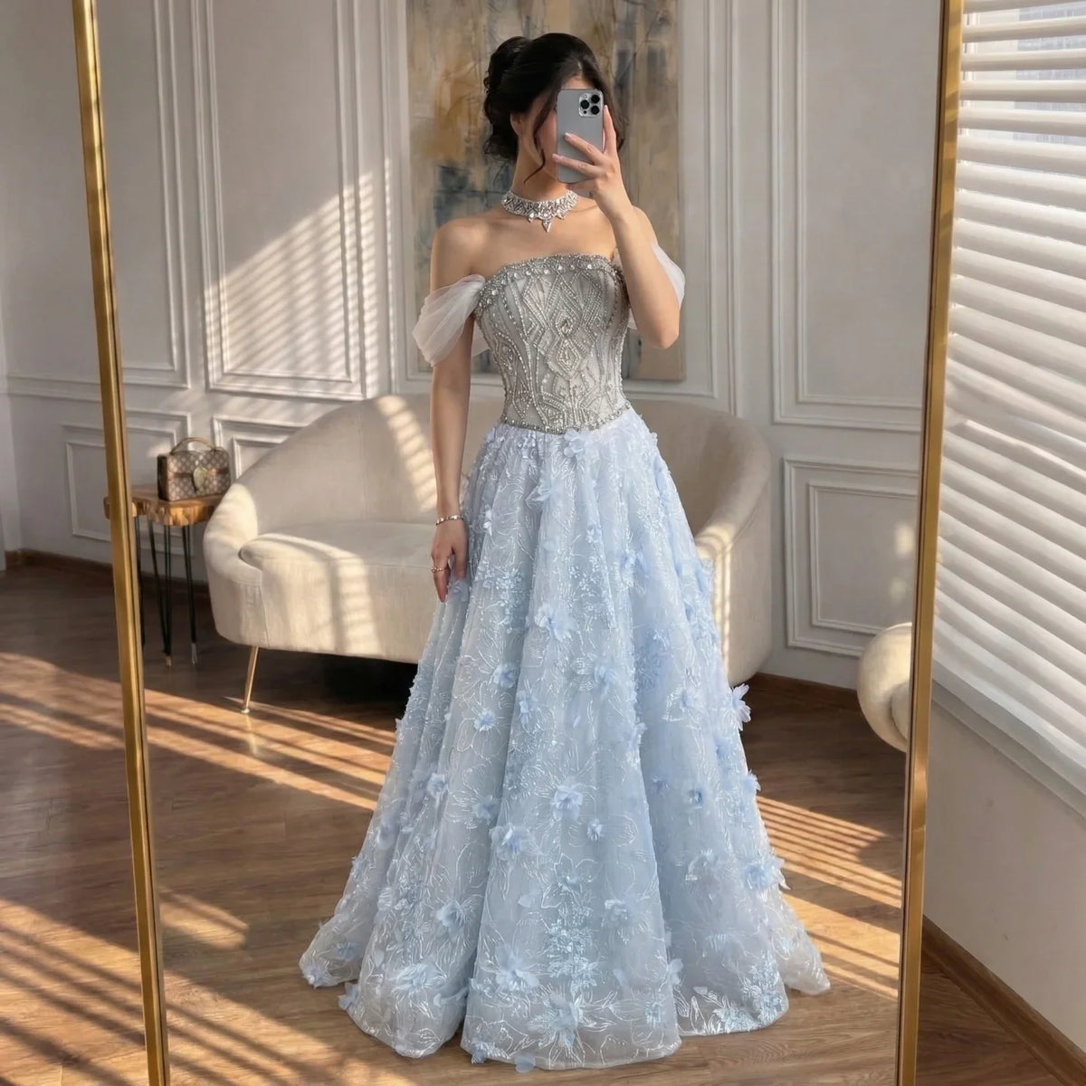 Zapdress Blue A-Line Evening Dress Beaded 3D Floral Appliques Off Shoulder for Women Wedding Party 2026 Customized (ZD17387)