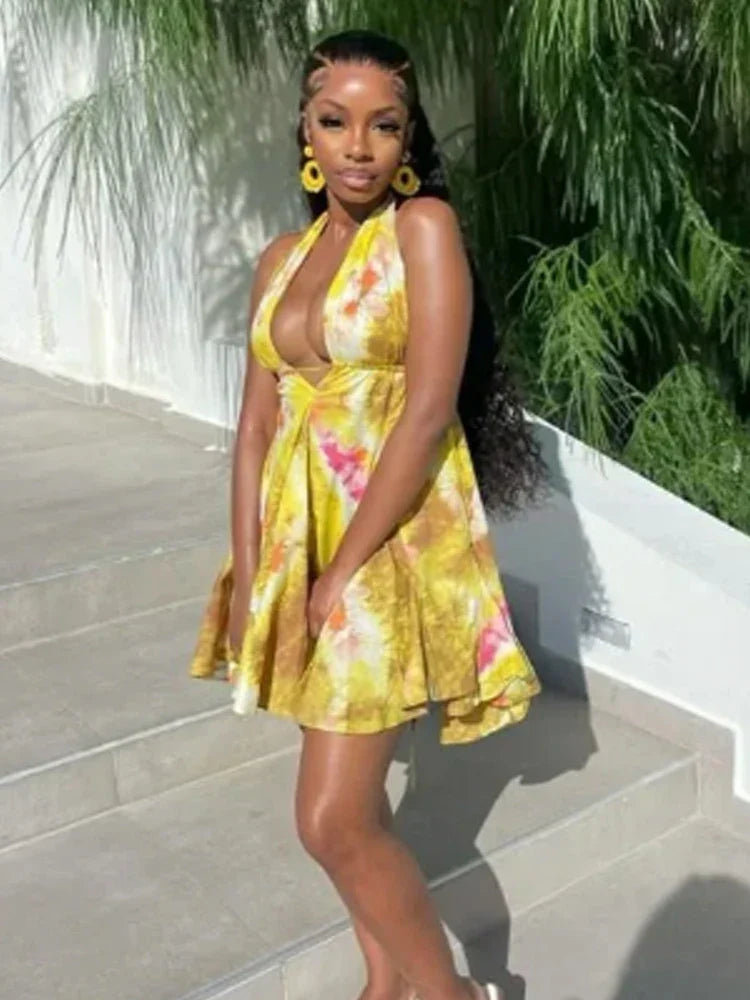 Tie-Dye Halter Ruffle Hem Bandage Mini Dress - View 2 | VelvetHem