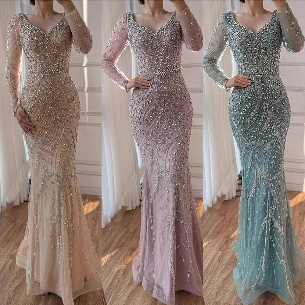 Zapdress Pink V-neck Long Sleeves Mermaid Luxury Beaded Evening Dress 2026 Wedding Party Gowns DLA73191 Customized (ZD17300)