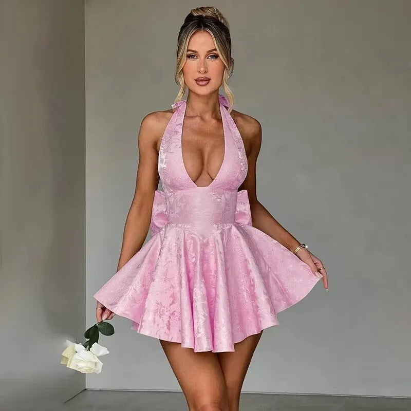 Bow Backless Jacquard A-Line Mini Dress