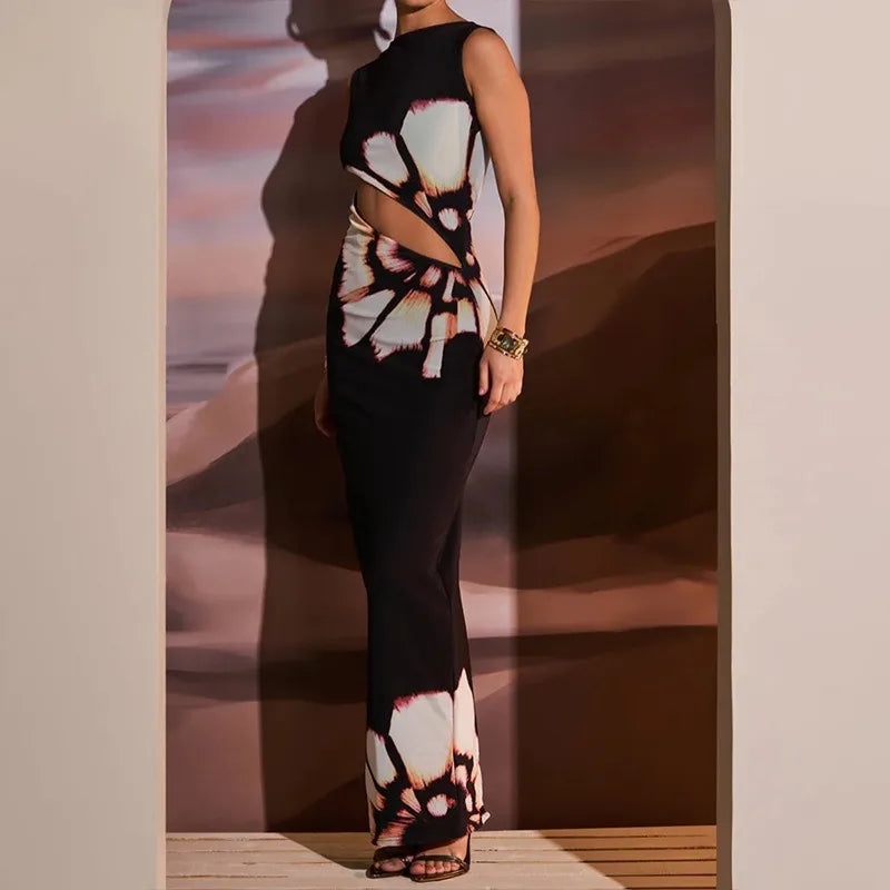 Hollow Sleeveless O-neck Floral Dress - View 2 | VelvetHem
