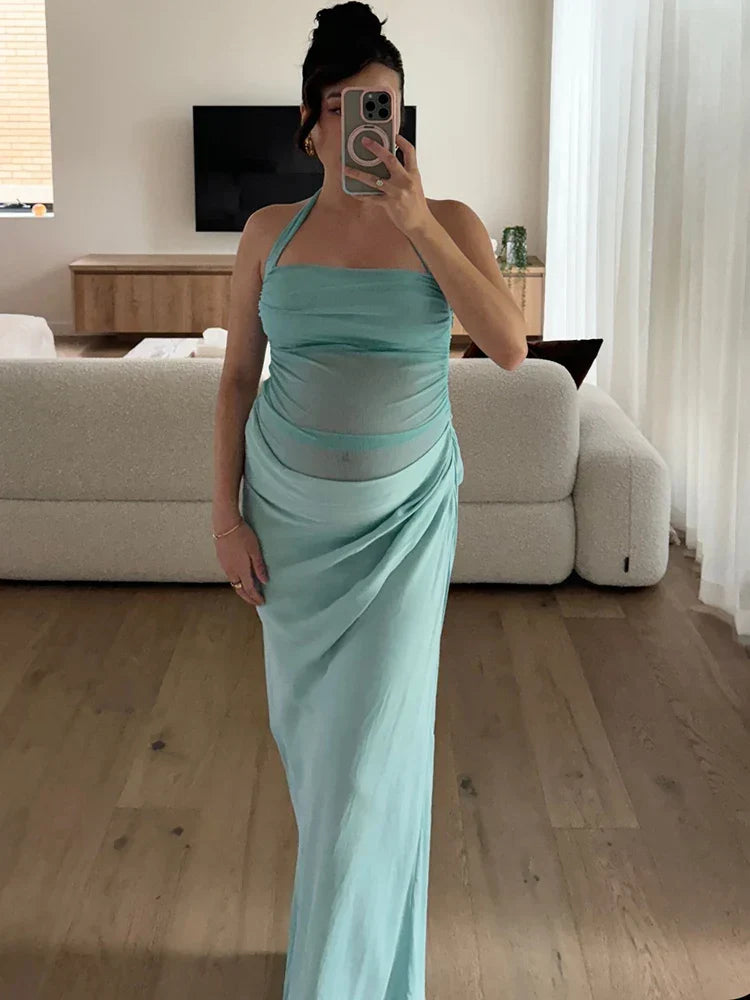 Hollow Patchwork Halter Maxi Dress - View 9 | VelvetHem
