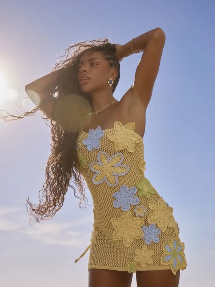 Embroidery Crochet Strap Hollow Mini Dress - View 2 | VelvetHem