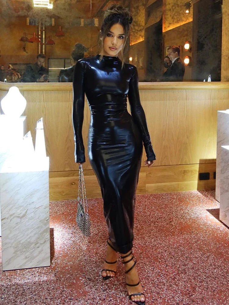 Faux Leather Turtleneck Slim Midi Dress - VelvetHem